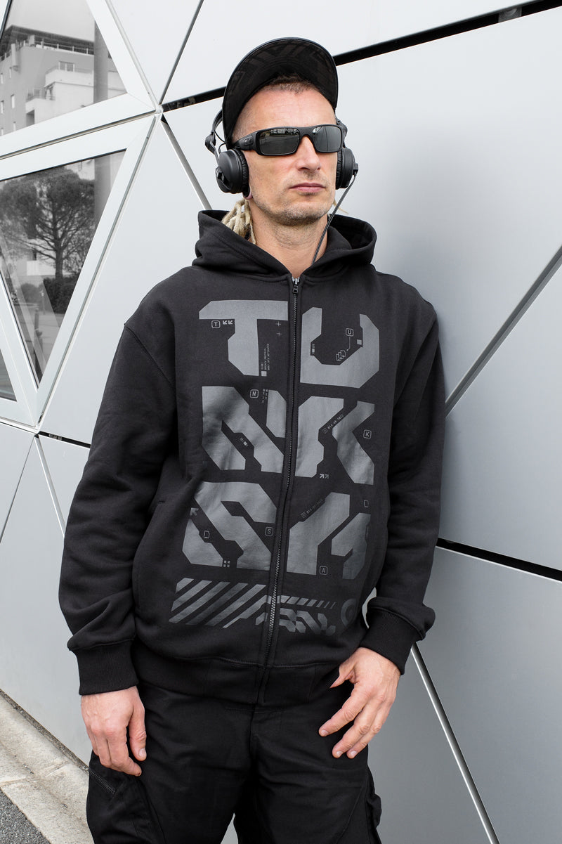 Grafx Zipped Black Men Hoodie | TUNKSA – Hexagon HGN