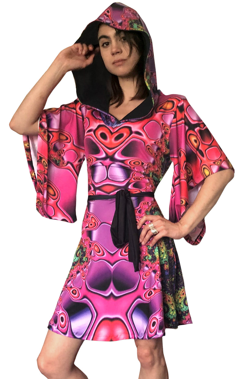 Hooded Kimono Dress : Chromatic Fractal